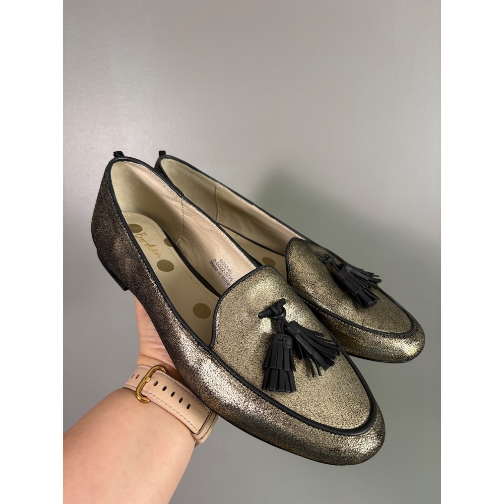 Boden Ines Tassel Loafers 37.5 US 6.5 Metallic Gold‎ Leather Flats Preppy Whimsy